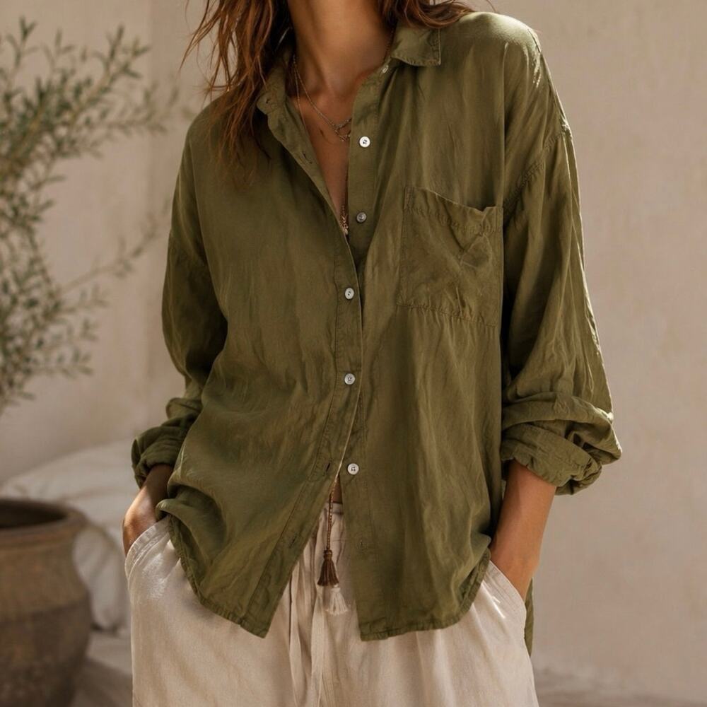 Moss Green Crinkle Style J. Jill Button Down Long-Sleeve Business Casual- Sz L